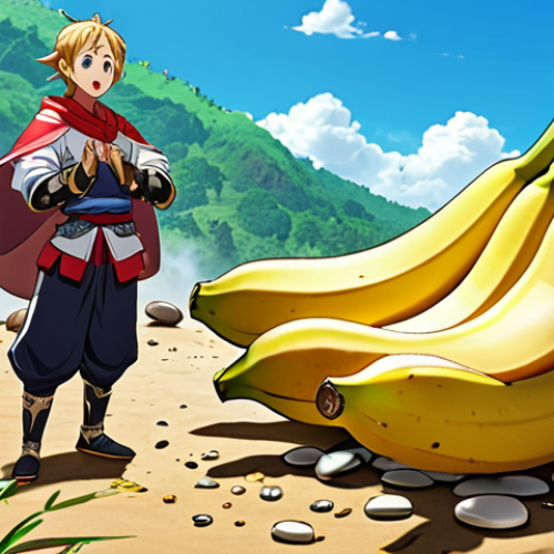 Home 14 **
A humorous scene depicting a Genshin Impact character looking confused amidst a pile of bananas, with scattered stones nearby. Include speech bubbles with a comically mistranslated phrase in Russian, referencing the "throwing bananas" error, but make it clearly a lighthearted and self-aware joke about localization. Style: Vibrant anime style, with exaggerated expressions.
**