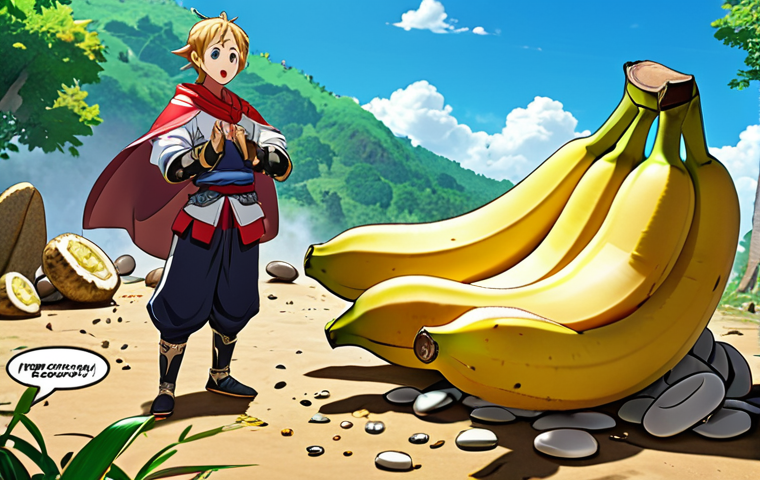 **

A humorous scene depicting a Genshin Impact character looking confused amidst a pile of bananas, with scattered stones nearby.  Include speech bubbles with a comically mistranslated phrase in Russian, referencing the "throwing bananas" error, but make it clearly a lighthearted and self-aware joke about localization.  Style: Vibrant anime style, with exaggerated expressions.

**
