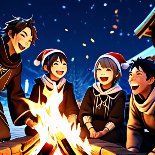 Home 9 Joyful Celebration**
"A group of fully clothed Genshin Impact characters are laughing and cheering around a bonfire in a festive village square at night. Modest clothing, smiling faces, perfect anatomy, correct proportions, dynamic lighting, safe for work, appropriate content, family-friendly, high resolution."
**